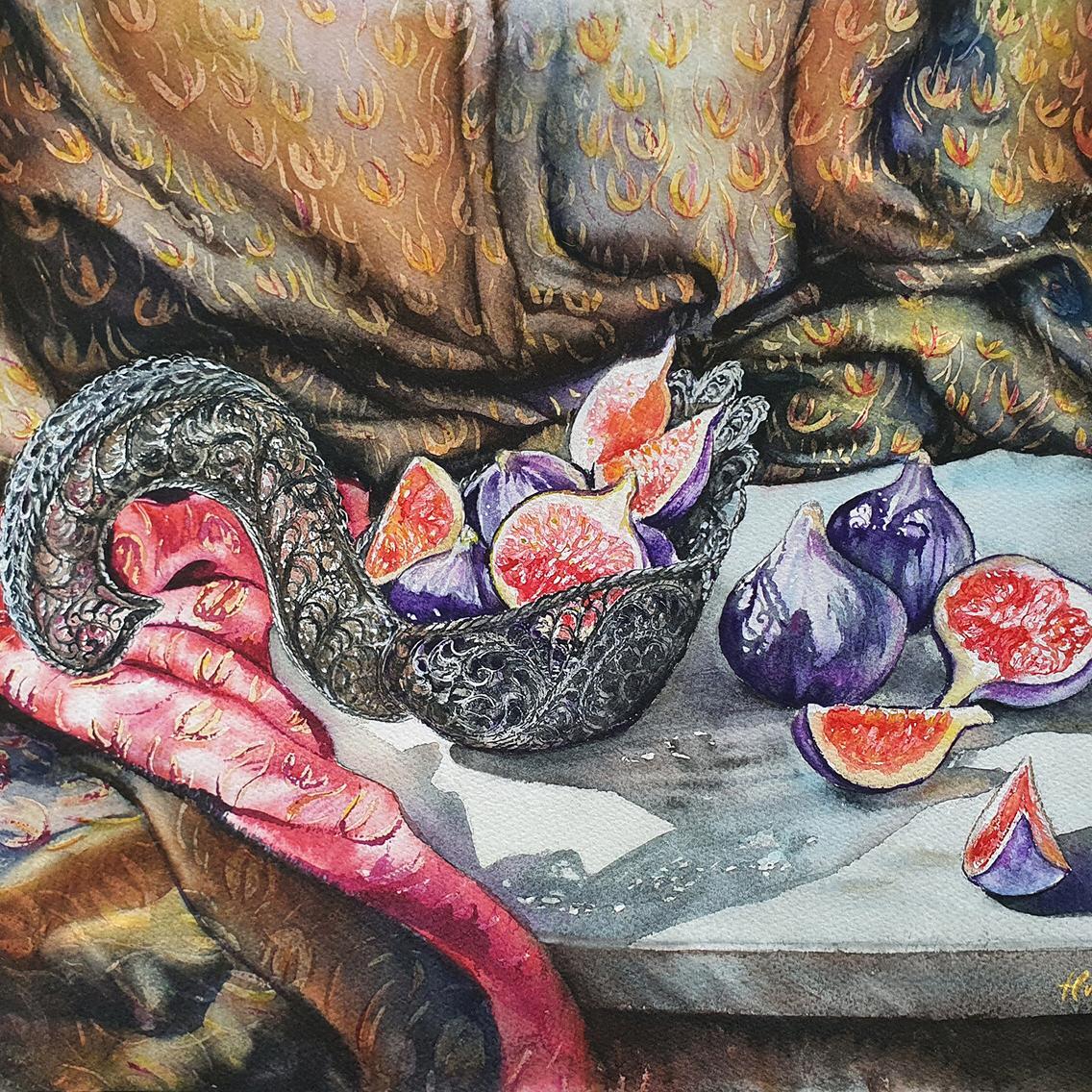художник Хвалина Ирина, натюрморт с инжиром, картина акварель, художник Хвалина Ирина