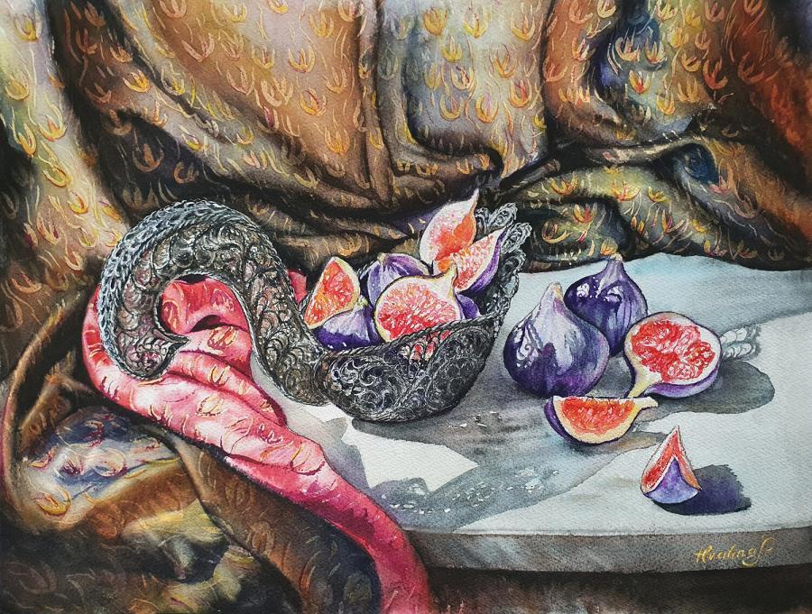 художник Хвалина Ирина, натюрморт с инжиром, картина акварель, художник Хвалина Ирина