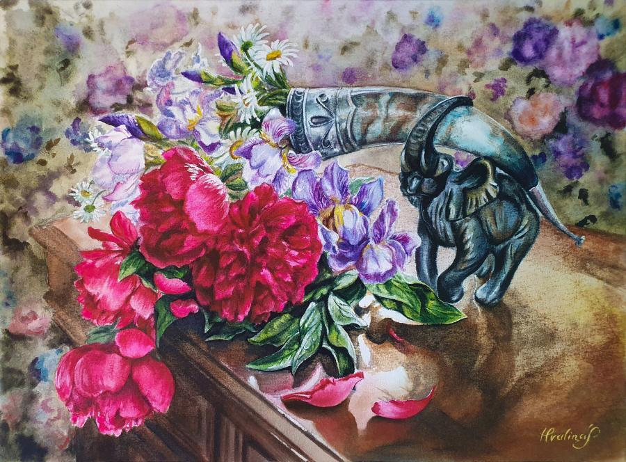 художник Хвалина Ирина, натюрморт с цветами, картина акварель, художник Хвалина Ирина